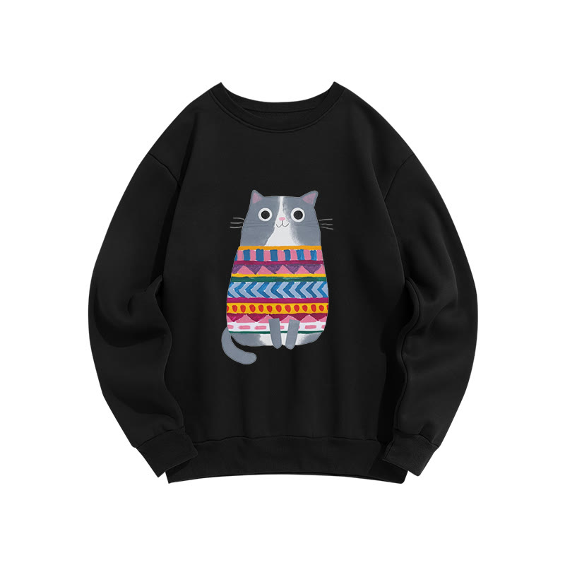 Funny Cat Wearing Colorful Striped Sweater Print Crew Neck Sweatshirt - Black - US16-18(2XL) - image 4