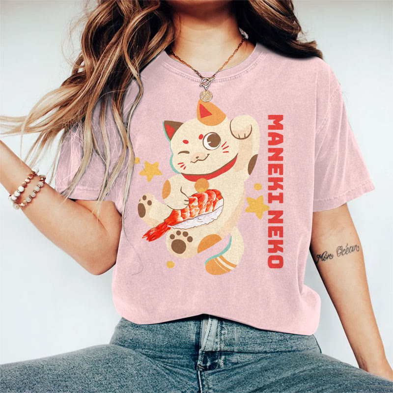 100% Cotton Women's Japanese Lucky Cat Holding Sushi Art Print Casual T-shirt - Pink - 2XL - image 2
