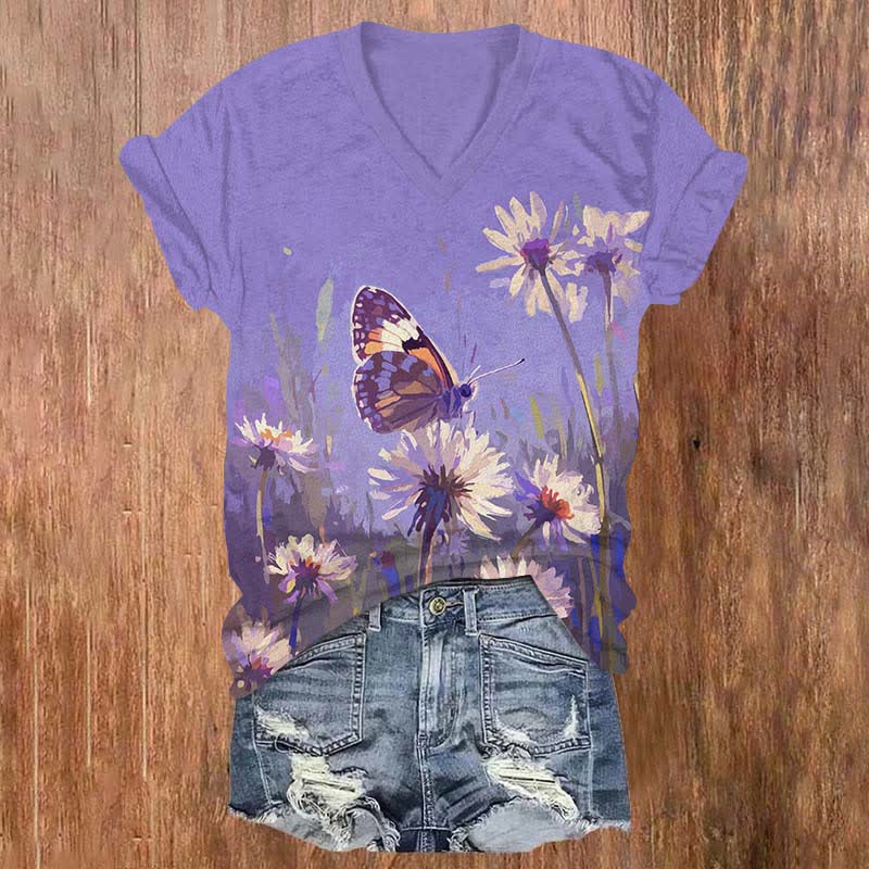 Japanese Oil Painting Dandelion & Butterfly Art Print V-neck T-shirt - Purple - US32-34(5XL) - image 2