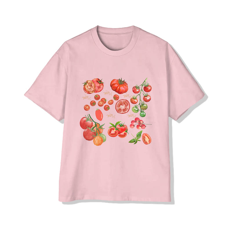 Vintage Tomato Print Pattern Cotton Print T-shirt - Pink - US20-22(3XL) - image 5