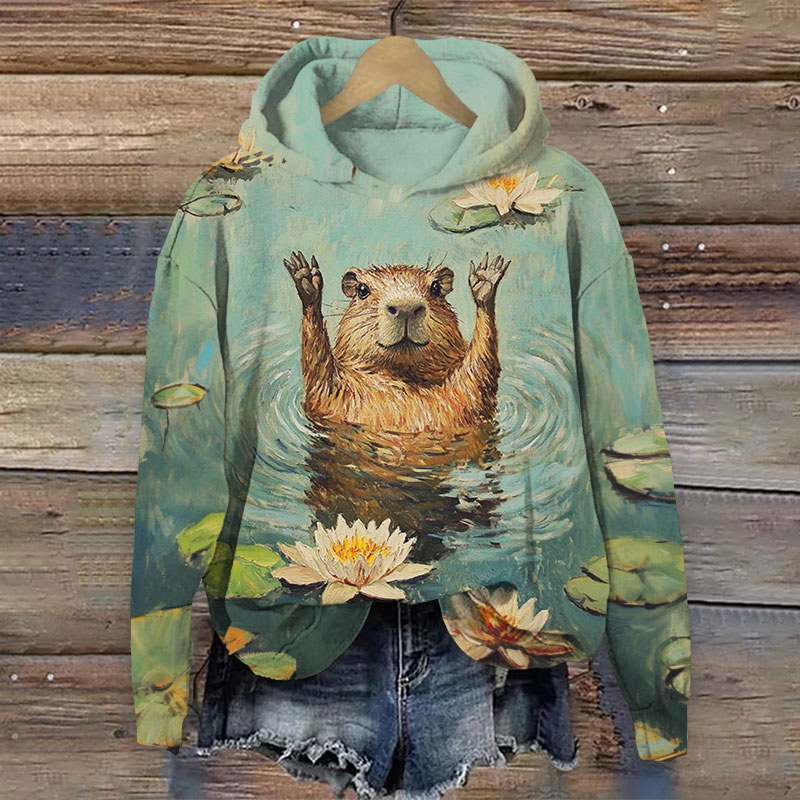 Japanese Otter Print Long Sleeve Hoodie - Green - 8XL - image 1
