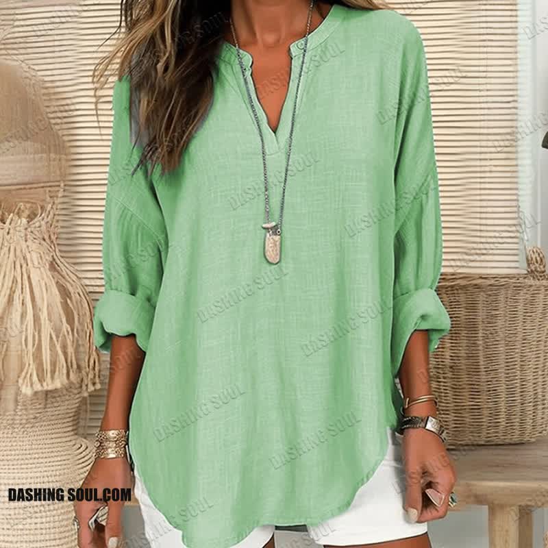 Women's Solid Color V Neck Long Sleeve Blouse