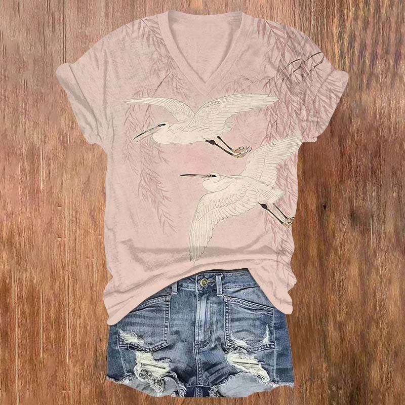 Vintage White Stork & Willow Print V-neck T-shirt - Pink - US32-34(5XL) - image 4