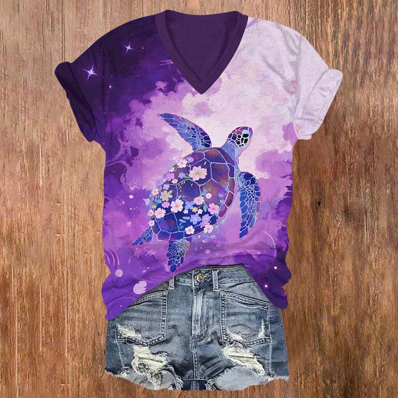 Watercolor Floral Sea Turtle Print V-neck T-shirt - Purple - US32-34(5XL) - image 2