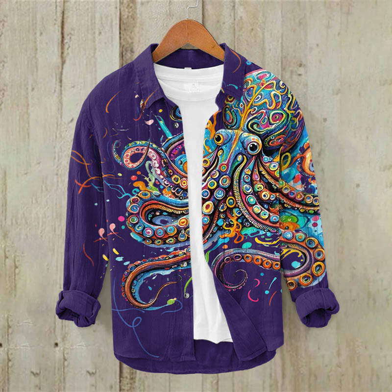 Vintage Rainbow Octopus Print Casual Long Sleeve Lapel Shirt - Purple - 5XL - image 3