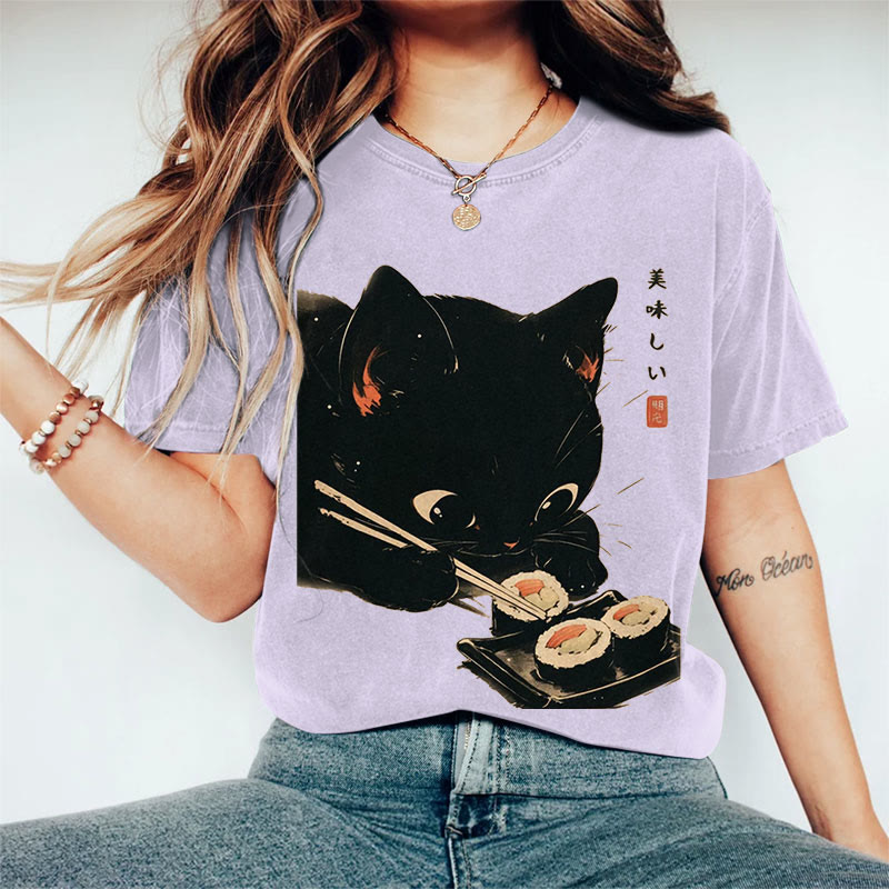 100% Cotton Japanese Black Cat Eating Sushi Art Print Casual T-shirt - Purple - 2XL - image 9