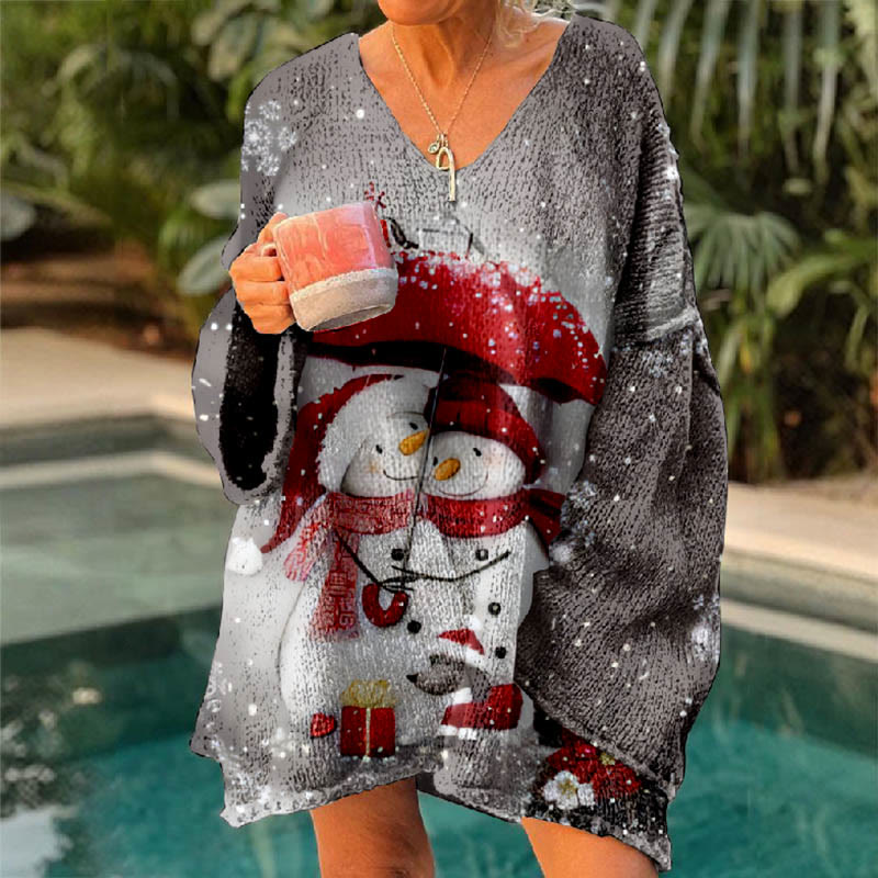 Christmas Umbrella Loving Snowman Art Print V-neck Pullover Sweater - image 2