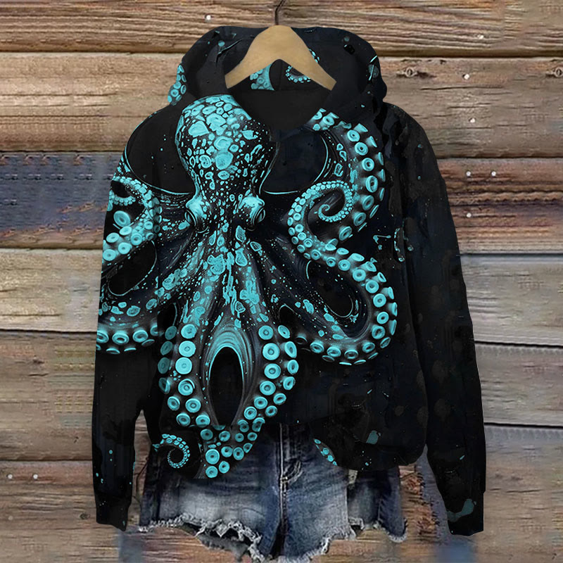 Vintage Octopus Art Print Long Sleeve Hoodie - Light Blue - 8XL - image 3
