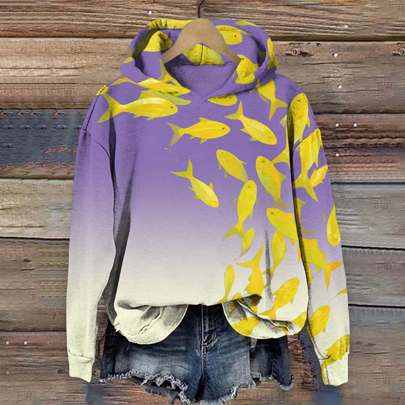Oil Painting Golden Yellow Fish Art Print Long Sleeve Hoodie - Purple - US44-46(8XL) - image 3