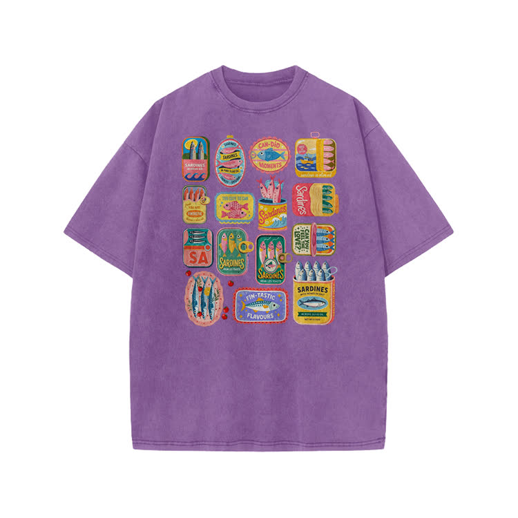 Unisex Vintage Sardine Can Print Acid Washed T-shirt - Purple - US20-22(3XL) - image 8