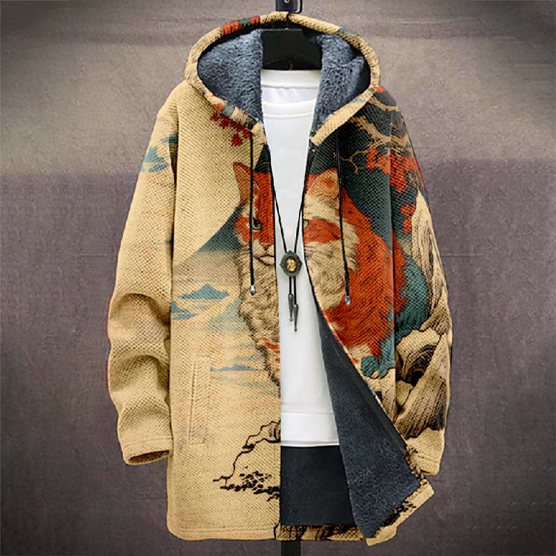 Japanese Mystic Civet Cat Pattern Print Unisex Plush Thick Long-sleeved Fleece Jacket Coat - image 2