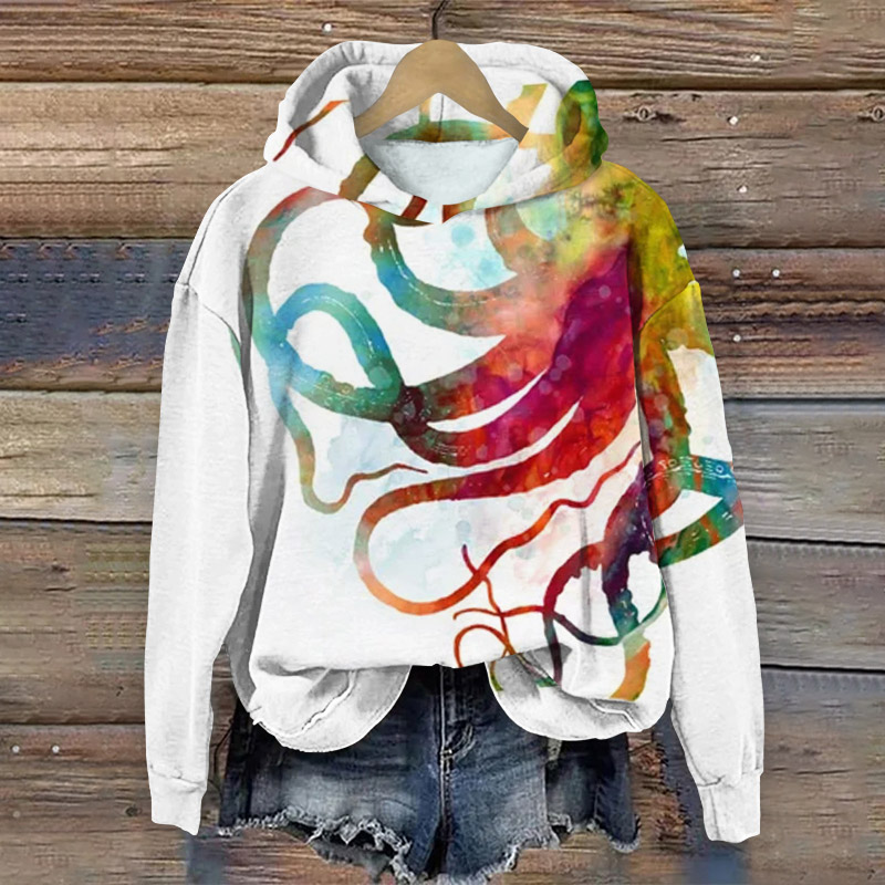 Japanese Style Colorful Octopus Print Long Sleeve Hoodie - White - 8XL - image 1
