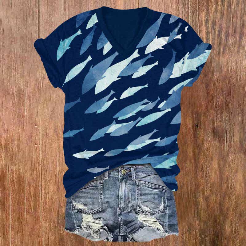 Vintage Ombre Fish School Art Print V-neck T-shirt - Blue - US32-34(5XL) - image 2