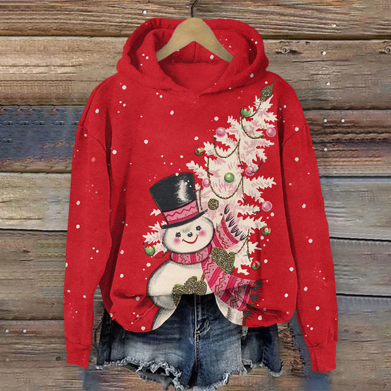 Vintage Christmas Snowman With Christmas Tree Print Long Sleeve Hoodie - Red - US44-46(8XL) - image 3