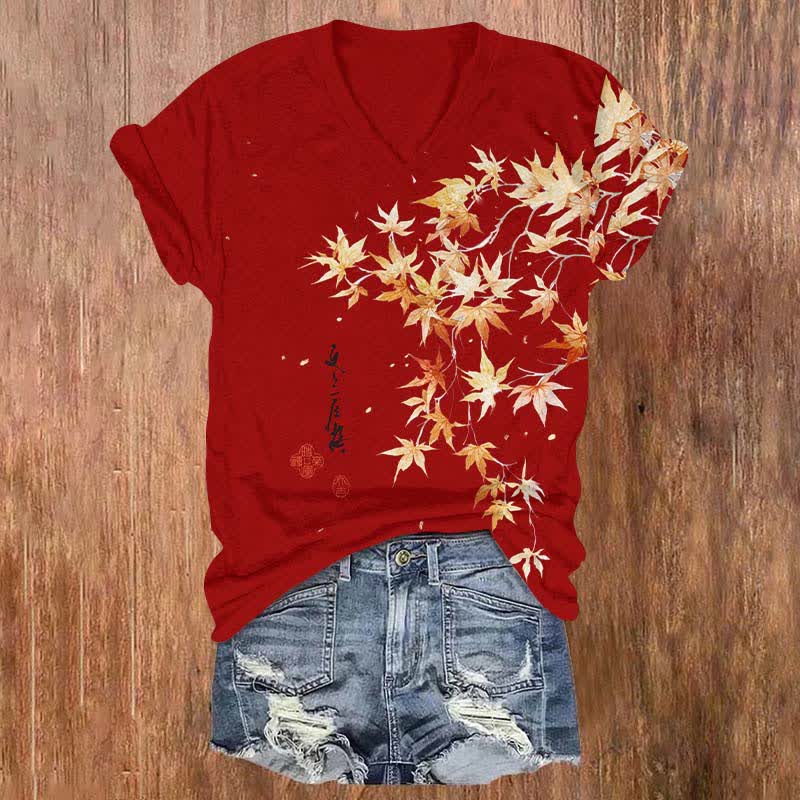 Japanese Watercolor Maple Leaf In Fall Art Print V-neck T-shirt - Red - US32-34(5XL) - image 6