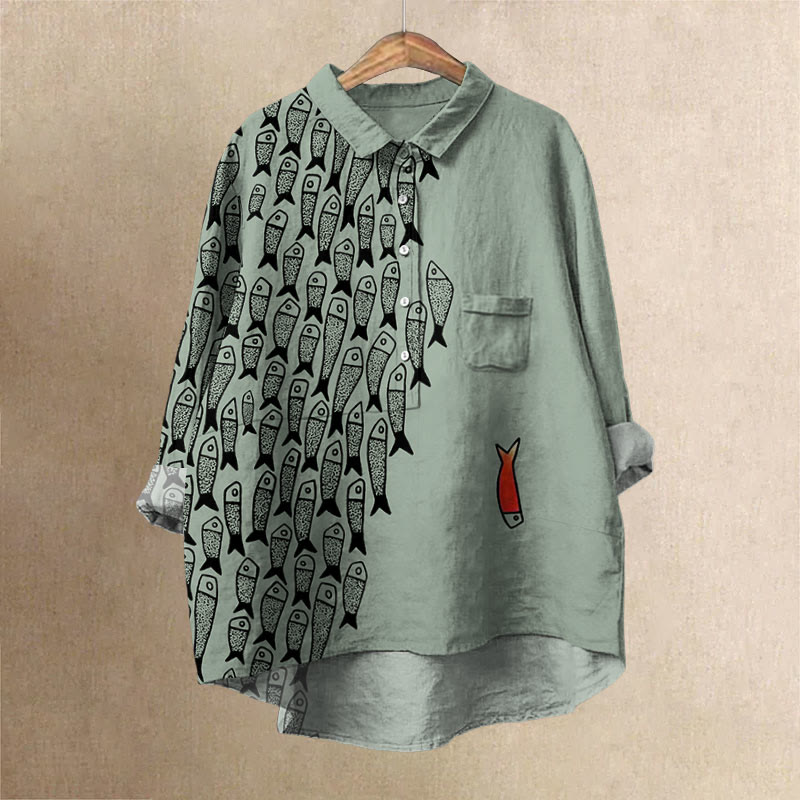 Dashingsoul Cute Simple Lines Abstract Geometric Fish Art Print Casual Lapel Blouse