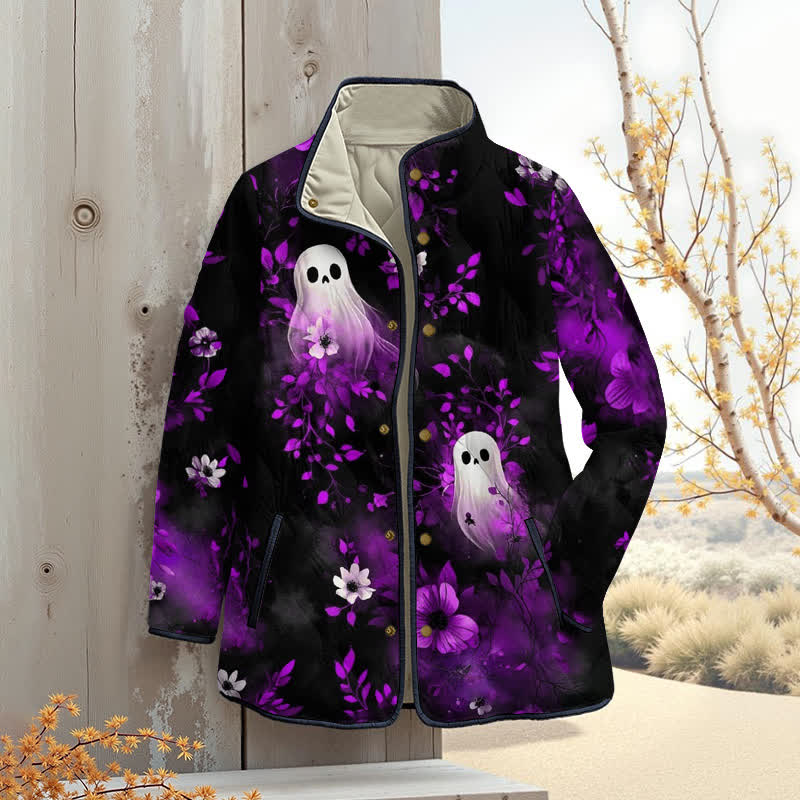 Ghost In The Flowers Halloween Print Outerwear Jackets - Purple - 4XL - image 7