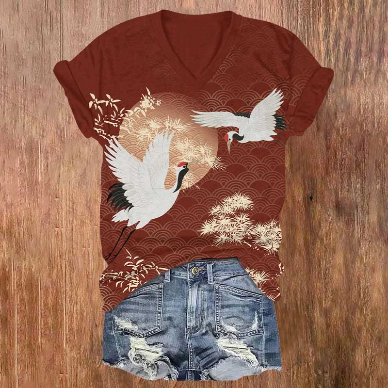 Japanese Wave Crane Flying  Under The Moon Art Print V-neck T-shirt - Red - US32-34(5XL) - image 2