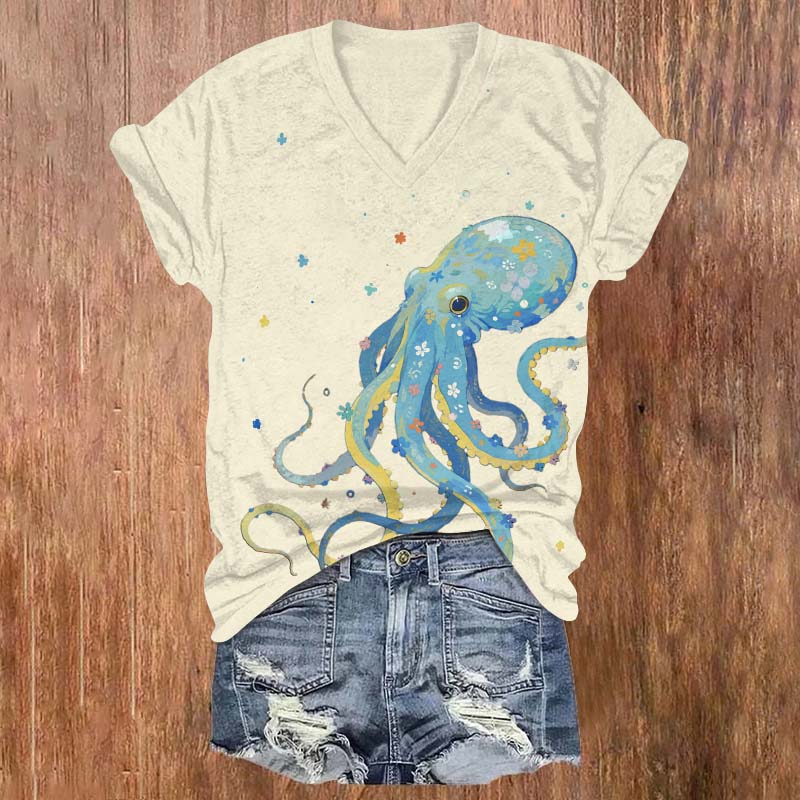 Lovely Floral Octopus Print V-neck T-shirt - Apricot - US32-34(5XL) - image 3
