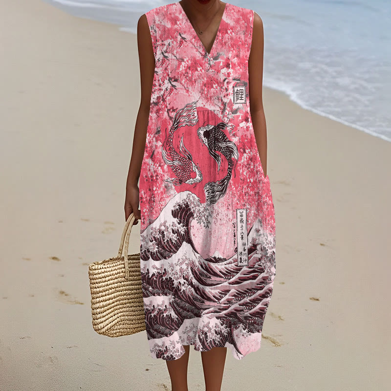 Japanese Koi Wave Art Print V-neck Sleeveless Dress - Pink - 5XL - image 2