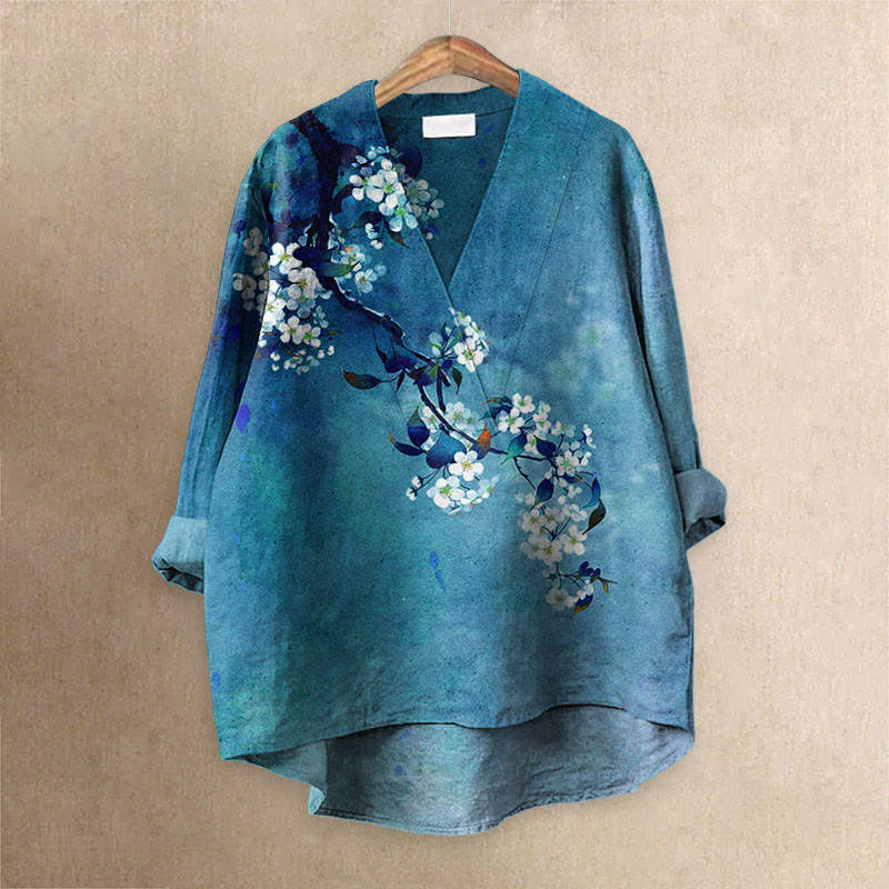 Japanese Antique Pear Blossom Ink Painting Printed Casual V-neck Blouse - Blue - 6XL - image 4