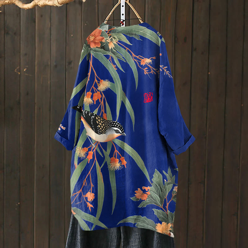 Japanese Vintage Little Bird Pattern Print Cardigan - Blue - US 30-32 (6XL) - image 9