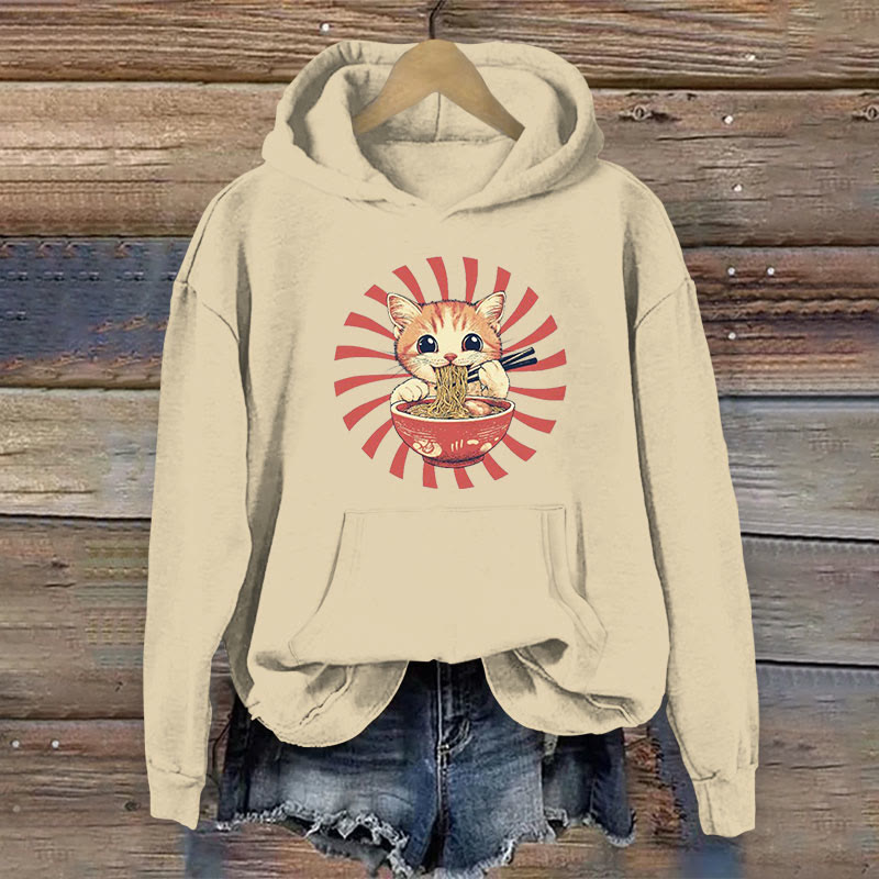 100% Cotton Japanese Joyful Kitten Having Noodles Print Women's Hoodie - Apricot - 2XL - image 3