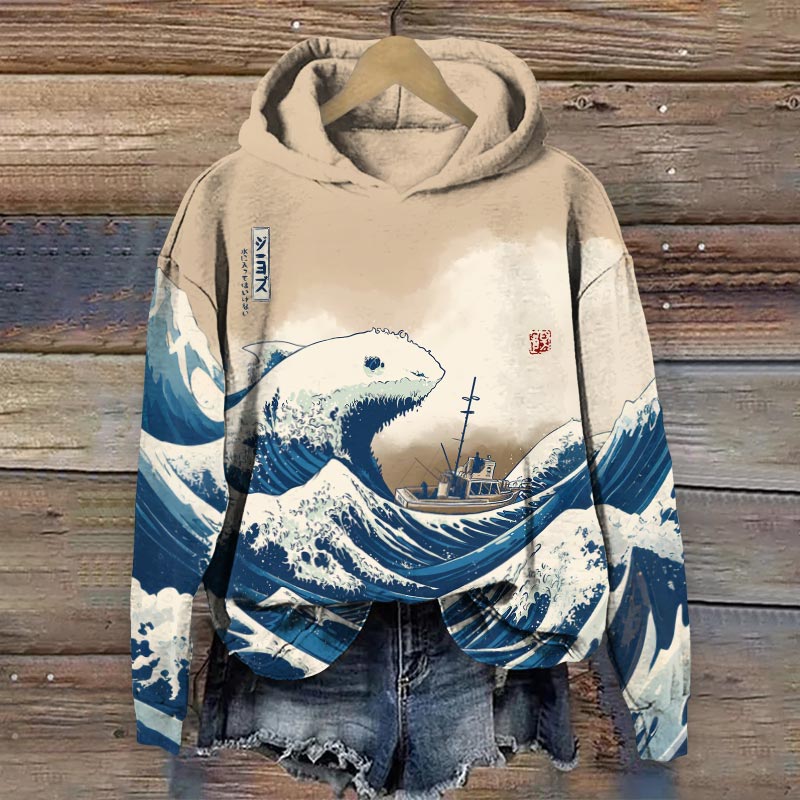 Japanese Art Ocean Shark Print Long Sleeve Hoodie - Khaki - 8XL - image 1