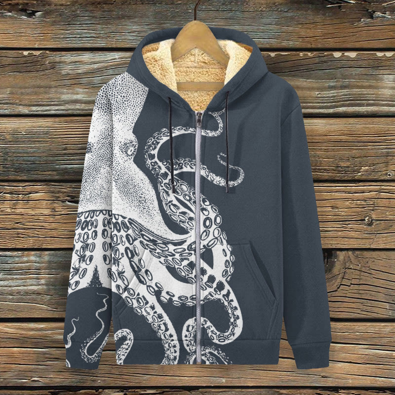 Japanese Art Octopus Graphic Print Fleece Jacket - Navy Blue - 4XL - image 2