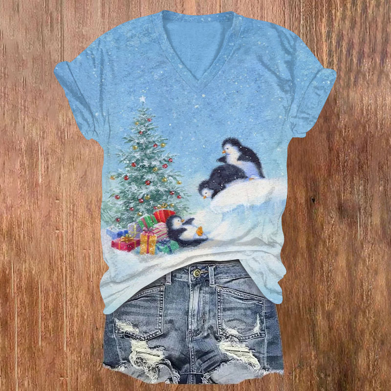 Cute Baby Penguins Playing Under Christmas Tree Print V-neck T-shirt - Blue - US32-34(5XL) - image 2