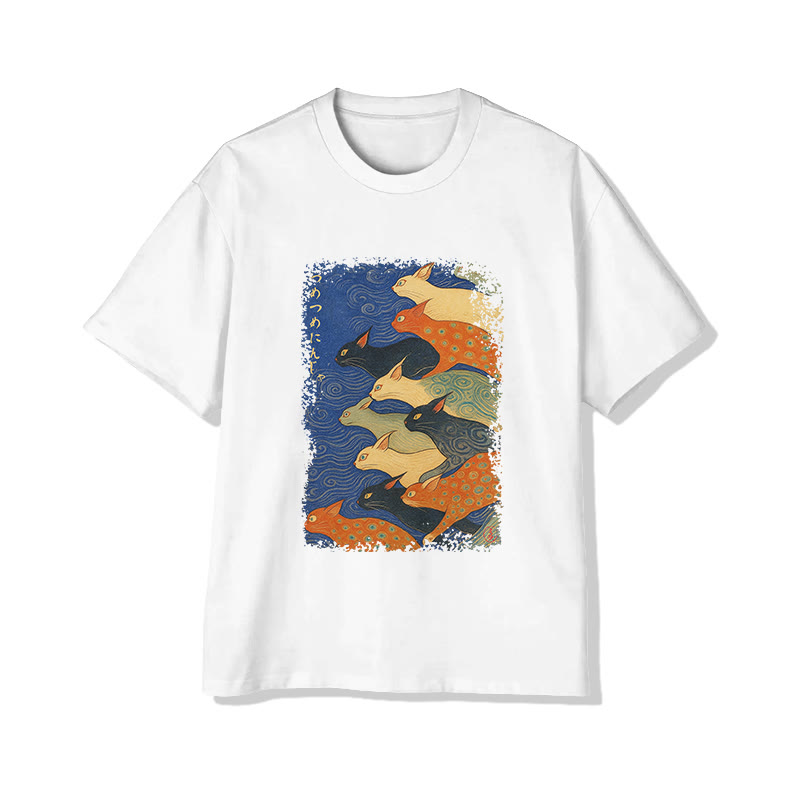 Unisex Japanese Ukiyo-E Cats Print Short Sleeved Crew Neck T-Shirt - White - 2XL - image 3