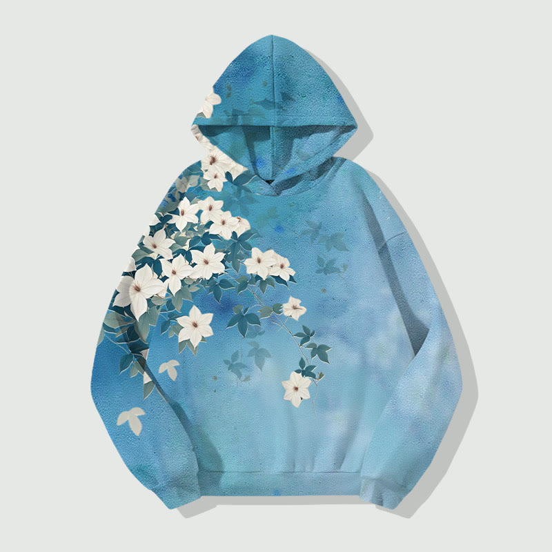 Japanese Vintage Jasmine Blossom Art Print Long Sleeve Hoodie - Blue - US44-46(8XL) - image 3