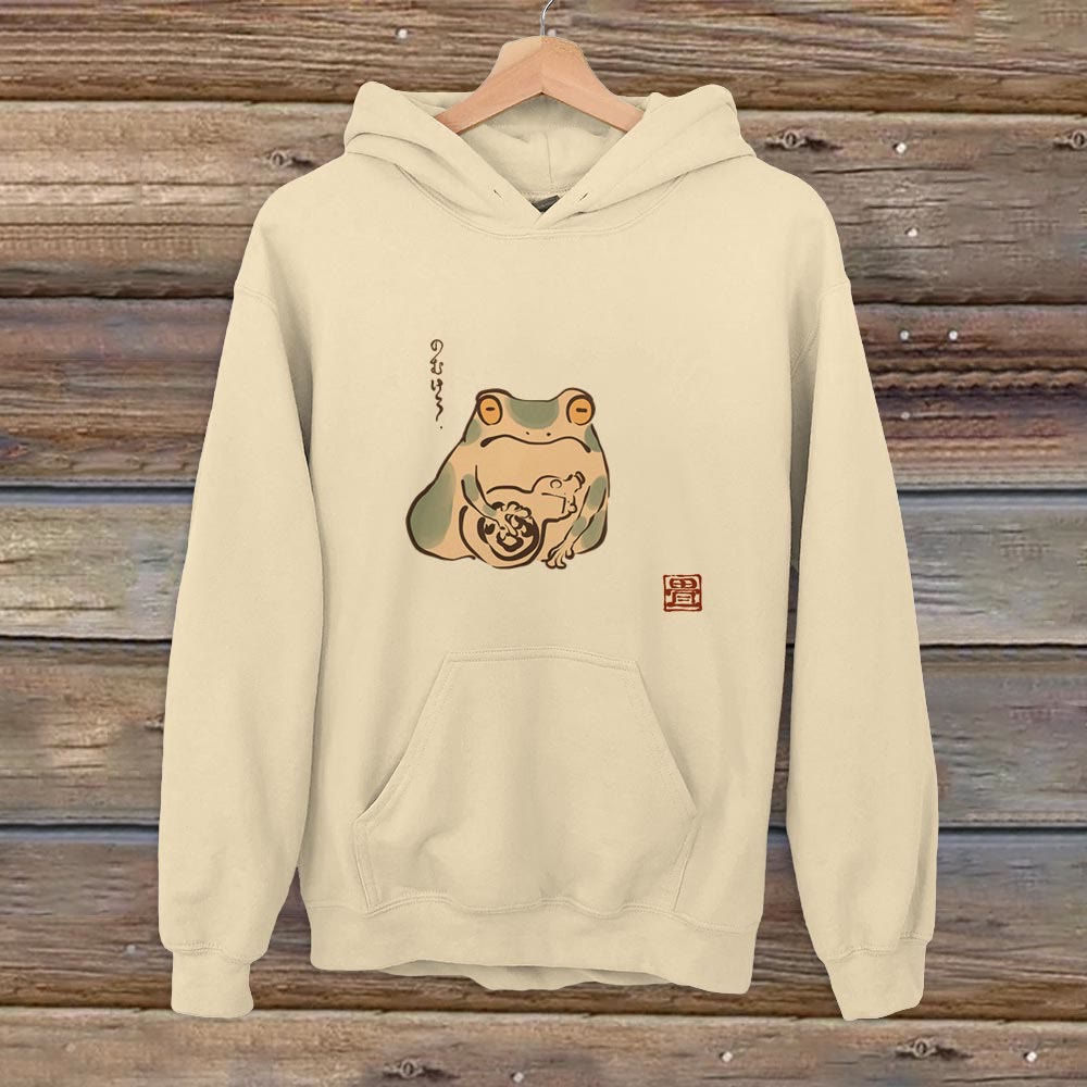 100% Cotton Ancient Japanese Style Cute Frog Print Casual Hoodie