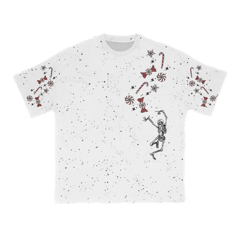Unisex Dancing Skeleton Candy Christmas Print T-shirt - White - 8XL - image 2