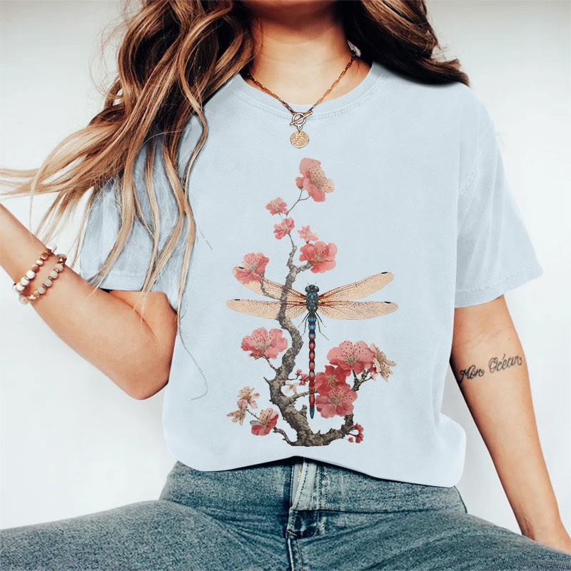 100% Cotton Retro Plum Blossom Dragonfly Japanese Art Print Casual T-shirt - Blue - 2XL - image 8
