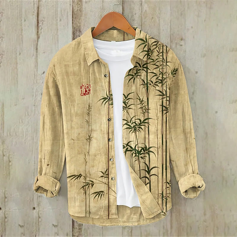 Bamboo Japanese Art Print Casual Long Sleeve Lapel Shirt - Khaki - 5XL - image 3