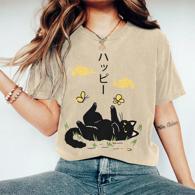 100% Cotton Women's Japanese Black Cat Playing With Butterfly Art Print Casual T-shirt - Khaki - 2XL - image 5
