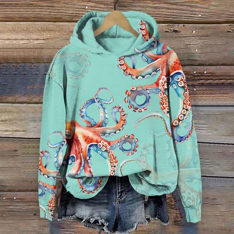Japanese Colorful Octopus Art Print Long Sleeve Hoodie - Lake Blue - US44-46(8XL) - image 4