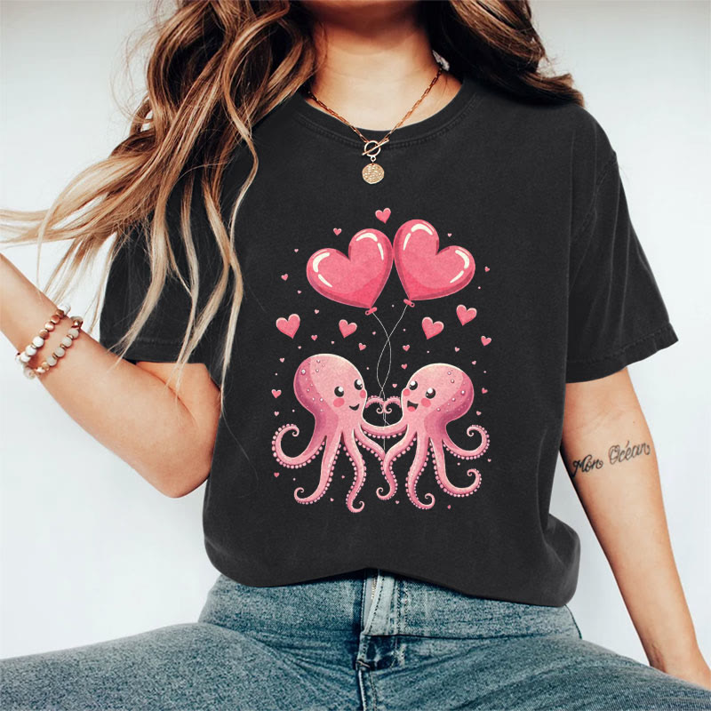 100% Cotton Valentine's Day Octopus Heart T-shirt - Black - 2XL - image 2