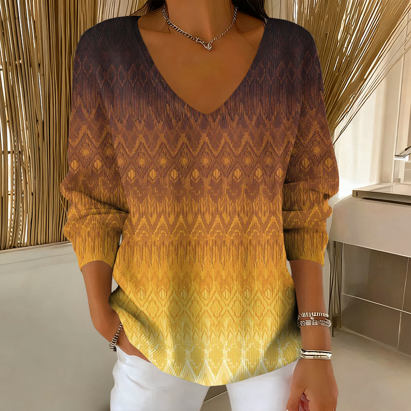Diamond Shaped Gradient Art Pattern V-Neck Long Sleeved Sweater - Brown - 5XL - image 3