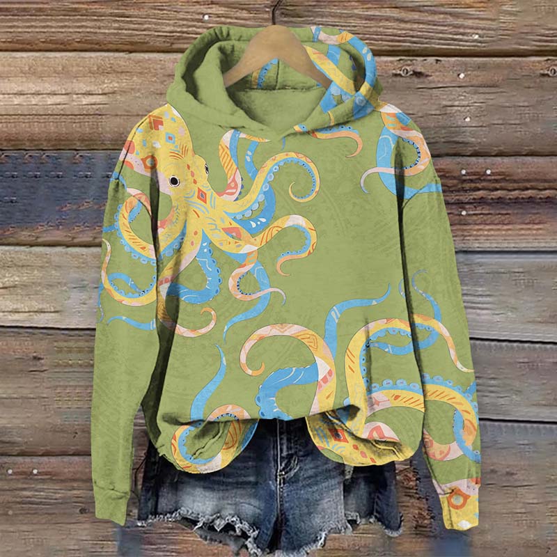 Vintage Funny Ethnic Pattern Octopus Print Long Sleeve Hoodie - Green - US44-46(8XL) - image 4