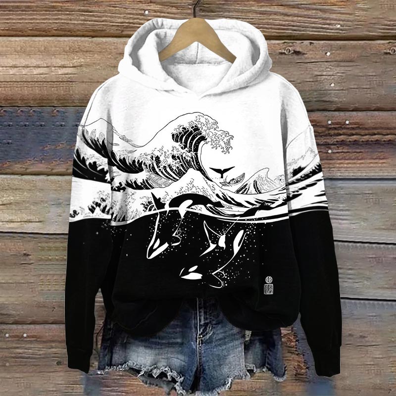 Japanese Wave With Killer Pattern Long Sleeve Hoodie - Black - 8XL - image 1