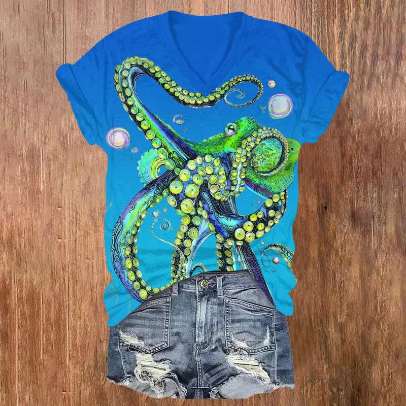 Watercolor Bubble Octopus Art Print V-neck T-shirt - Blue - US32-34(5XL) - image 4