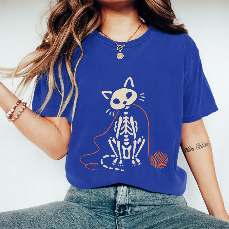 100% Cotton Women's Creative Skeleton Cat Playing Ball Of Yarn Art Print Casual T-shirt - Blue - 2XL - image 7