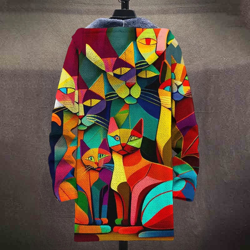 Colorful Color Block Art Cat Art Pattern Print Unisex Plush Thick Long-sleeved Fleece Jacket Coat - image 4
