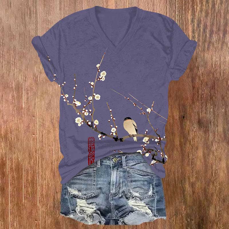 Japanese Cartoon Bird On Floral Branch Art Print V-neck T-shirt - Purple - US32-34(5XL) - image 2