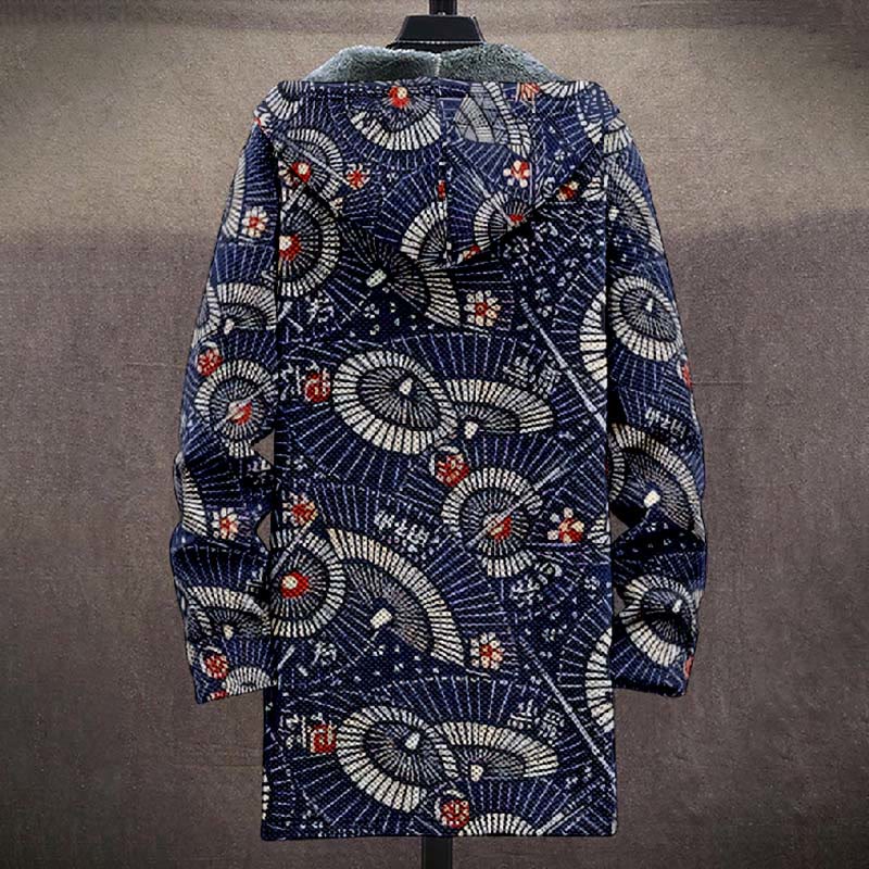Retro Japanese Mystical Ethnic Pattern Print Unisex Plush Thick Long-sleeved Fleece Jacket Coat - image 3