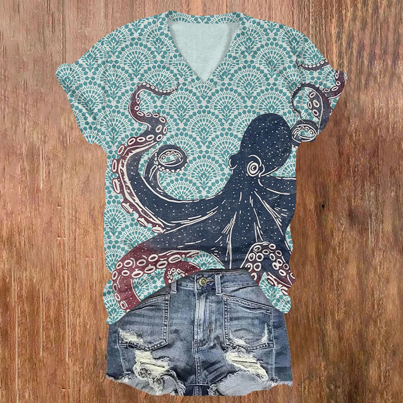 Japanese Octopus Geometry Print Short Sleeved V-neck T-shirt - Light Green - US32-34(5XL) - image 4