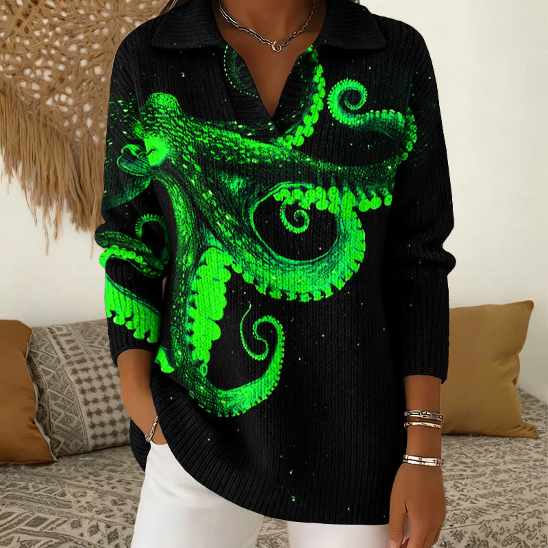 Three-Dimensional Creative Octopus Print  Polo Collar Long Sleeved Sweater - Green - 5XL - image 4