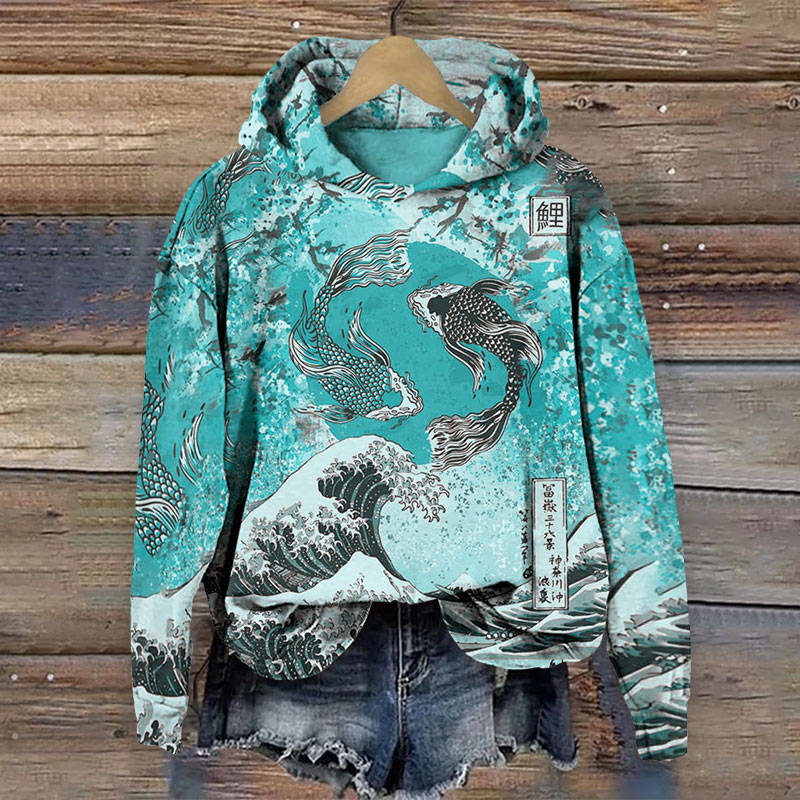 Japanese Koi Wave Print Hoodie